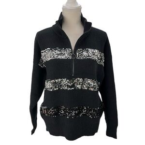 Nine West Black 1/4 Zip Sweater Stripe Sequins Size L Soft Cozy Sparkle Warm